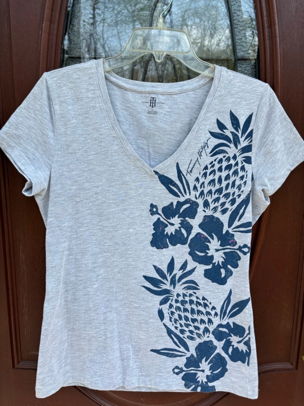 Tommy Hilfiger Light Gray V-Neck Tee with Navy Tropical Print